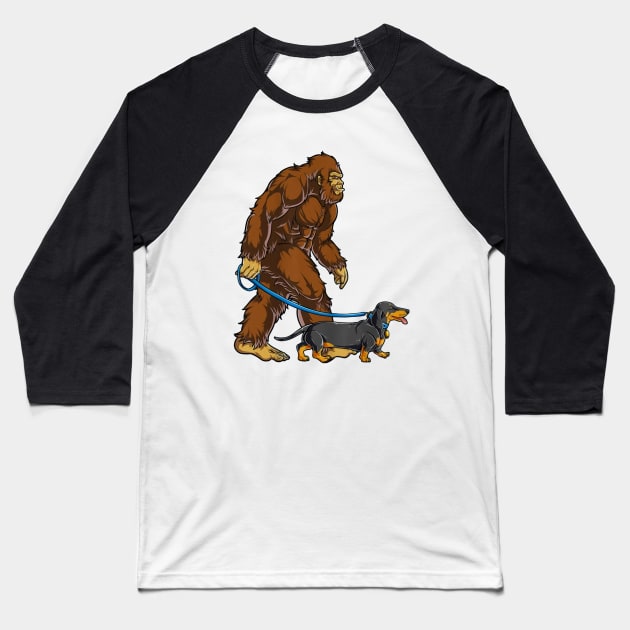 Funny Bigfoot Sasquatch Walking Dachshund Baseball T-Shirt by JameMalbie